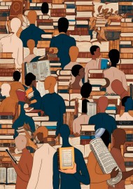 Die Umrisse von Menschen sind zu sehen. Sie halten lesend oder vorzeigend Bücher in den Händen. Einer trägt über seine Schulter eine große Schriftrolle.